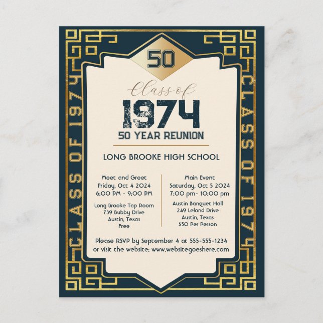 Art Deco Class of 1974 50 Year High School Reunion Postcard (Front)