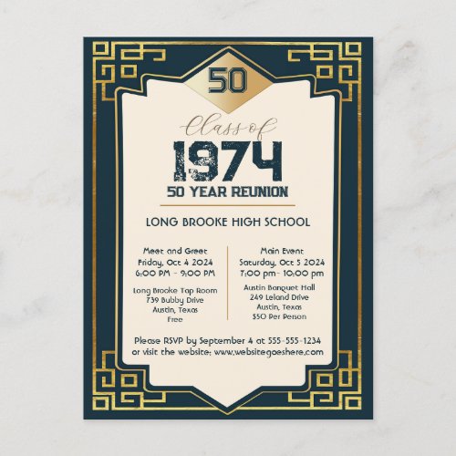 Art Deco Class of 1974 50 Year High School Reunion Postcard