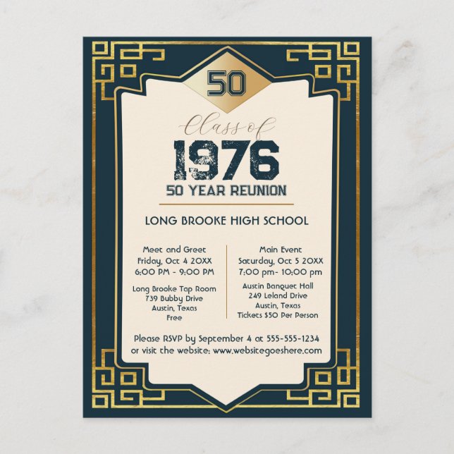 Art Deco Class of 1976 50 Year High School Reunion Postcard (Front)