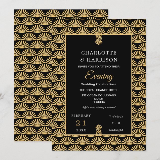 Art Deco Classy Black Gold Evening Wedding Invitation (Front/Back)