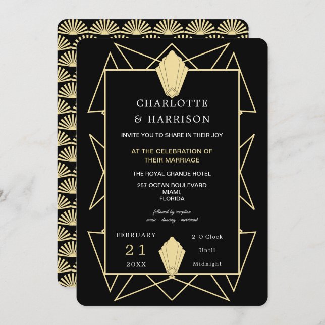 Art Deco Classy Black Gold Wedding Invitation (Front/Back)