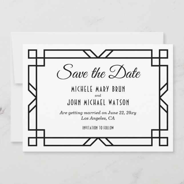 Art Deco Classy Custom Elegant Black White Wedding Save The Date (Front)