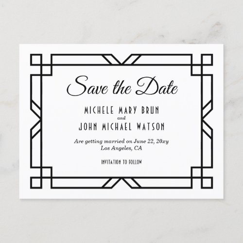 Art Deco Classy Custom Wedding White Save the Date Postcard