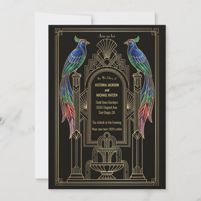 Art Deco colorful Bird Wedding Invitation  (Front)