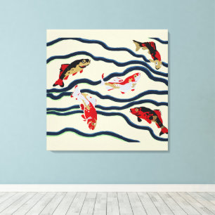Art Deco Colorful Carp Swimming Navy Decor