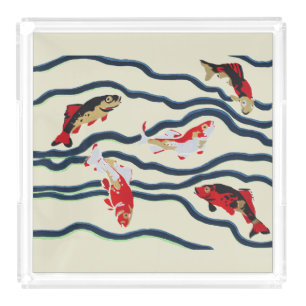 Art Deco Colorful Carp Swimming Navy Decor Acrylic Tray