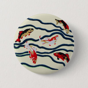 Art Deco Colorful Carp Swimming Navy Decor Button