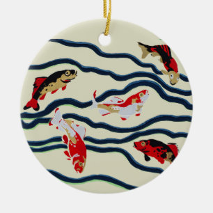 Art Deco Colorful Carp Swimming Navy Decor Ceramic Ornament