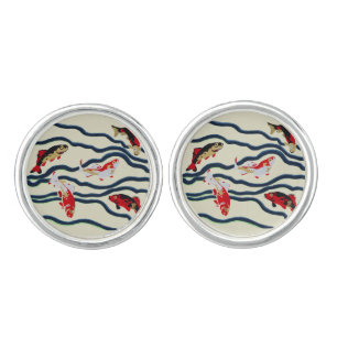 Art Deco Colorful Carp Swimming Navy Decor Cufflinks