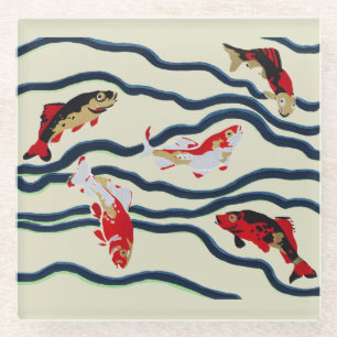 Art Deco Colorful Carp Swimming Navy Decor Glass Coaster