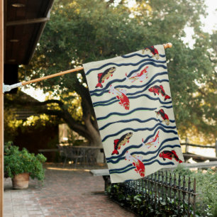 Art Deco Colorful Carp Swimming Navy Decor House Flag