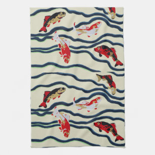 Art Deco Colorful Carp Swimming Navy Decor Kitchen Towel