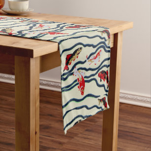 Art Deco Colorful Carp Swimming Navy Decor Long Table Runner