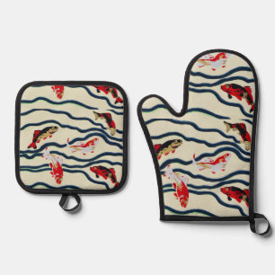 Art Deco Colorful Carp Swimming Navy Decor Oven Mitt & Pot Holder Set