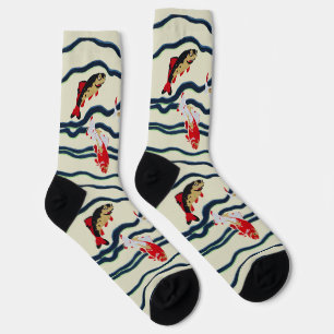 Art Deco Colorful Carp Swimming Navy Decor Socks