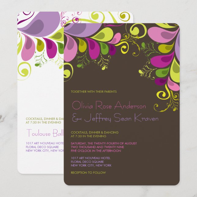 Art Deco Colorful Floral Leaves Wedding Invitation (Front/Back)