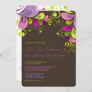 Art Deco Colorful Floral Leaves Wedding Invitation by fatfatin_design at Zazzle