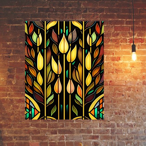 Art Deco Colorful Leaves Reeds Stained Glass Poster