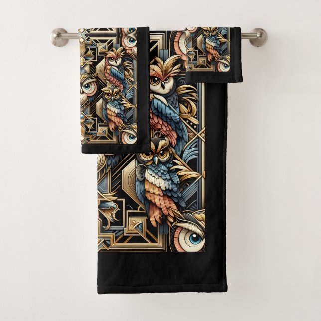 Art Deco Colorful Owl Bath Towel Set (Insitu)