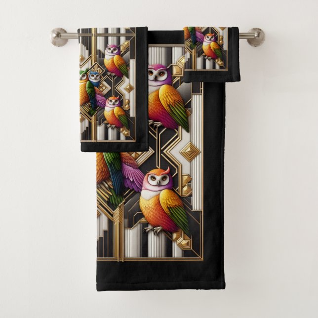 Art Deco Colorful Owl Bath Towel Set (Insitu)