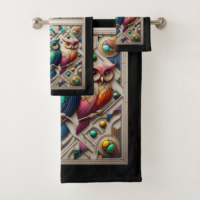 Art Deco Colorful Owl Bath Towel Set (Insitu)