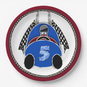 Art Deco Comic Style Blue Race Car Paper Plates