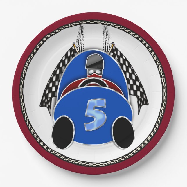 Art Deco Comic Style Blue Race Car Paper Plates (Front)
