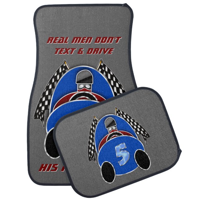 Art Deco Comic Style Blue Race Car (Personalized) Mat (Set)