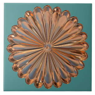 Art deco copper and teal fan shell design ceramic tile