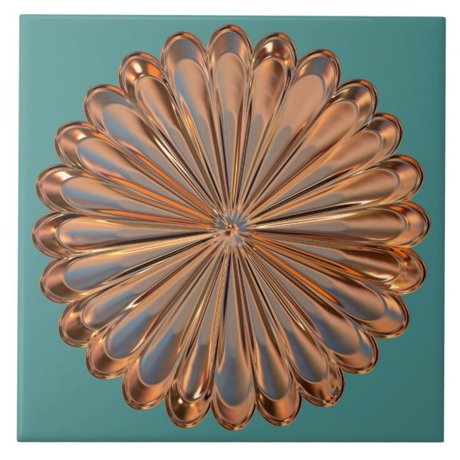 Art deco copper and teal fan shell design ceramic tile (Front)