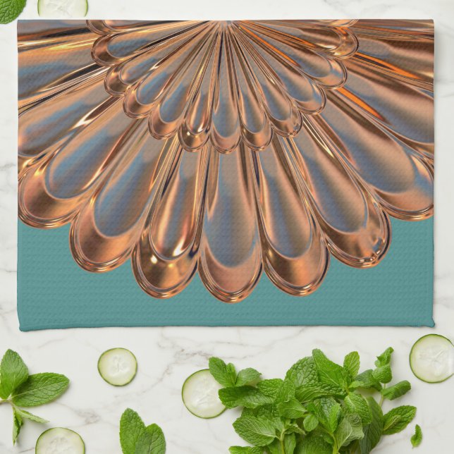 Art deco copper and teal fan shell design kitchen towel (Folded)