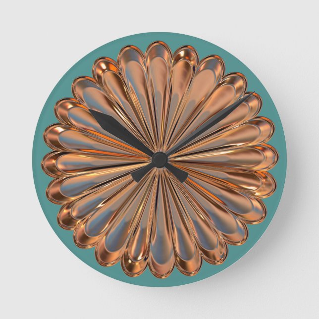 Art deco copper and teal fan shell design round clock (Front)