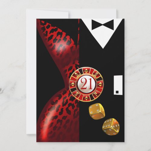 Art Deco Couple 21st Birthday  red leopard Invitation