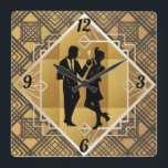 Art Deco Couple. Square Wall Clock<br><div class="desc">Add a touch of Art Deco elegance,  to any room. Features an Flapper style couple,  on a Gold geometric background.</div>