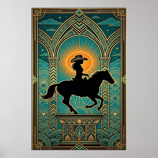 Art Deco Cowgirl Horse Monument Sunburst Poster (Front)