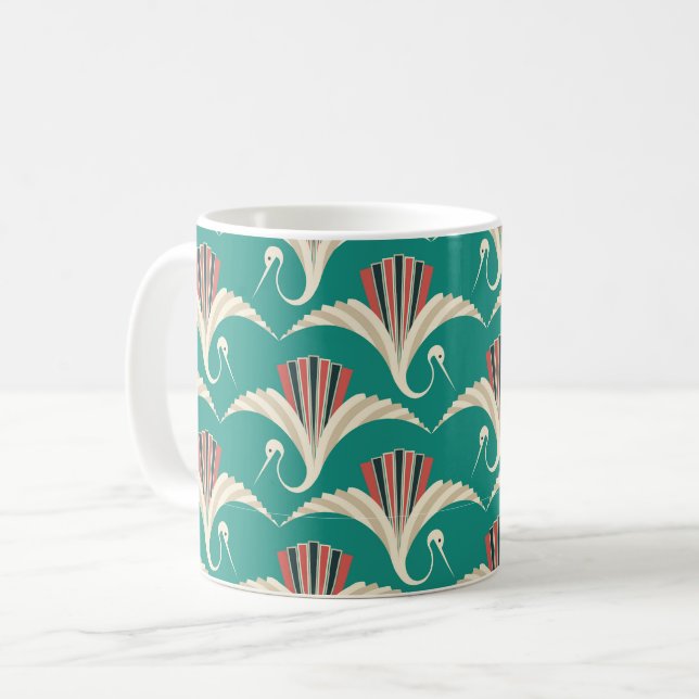 Art Deco Crane - turquoise background Coffee Mug (Front Left)