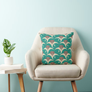 Art Deco Crane - turquoise background Throw Pillow