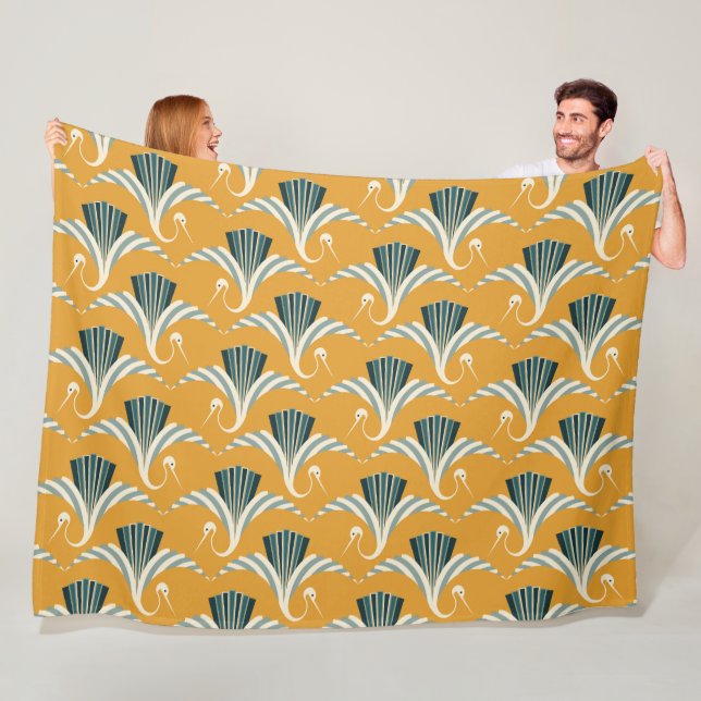 Art Deco Crane - yellow background  Fleece Blanket (In Situ)