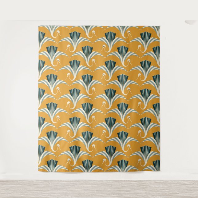Art Deco Crane - yellow background Tapestry (Front)