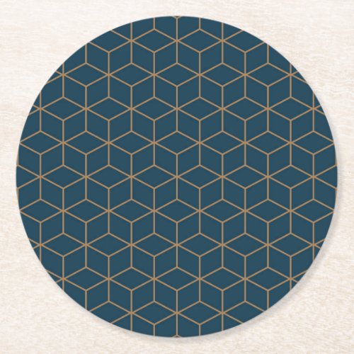 Art Deco Cube Grid Outine In Gold And Blue  Round Paper Coaster