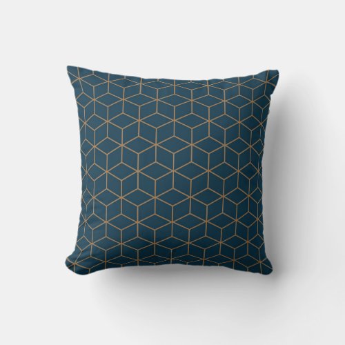 Art Deco Cube Grid Outine In Gold And Blue  Throw Pillow