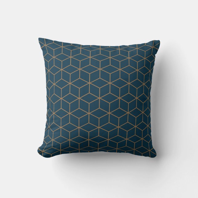 Art Deco Cube Grid Outine In Gold And Blue  Throw Pillow (Front)