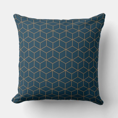 Art Deco Cube Grid Outine In Gold And Blue  Throw Pillow