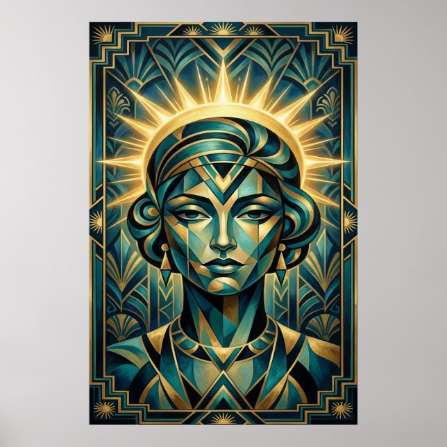 Art Deco Cubist Woman Sunset Gold Teal Poster (Front)