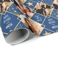Art Deco Custom Age Name & Photos Birthday Blue Wrapping Paper