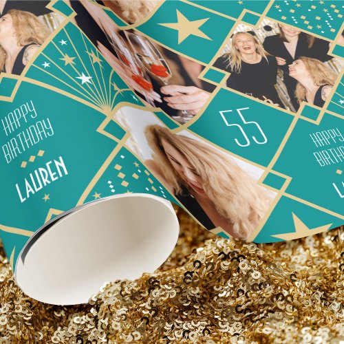 Art Deco Custom Age Name  Photos Birthday Teal Wrapping Paper