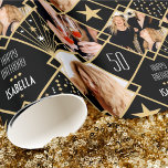 Art Deco Custom Age Name & Photos Birthday Wrapping Paper<br><div class="desc">Add a touch of Art Deco style with this personalized name and photo gift wrap. A seamless pattern featuring geometric diamond shapes and stars in a palette of black, white and gold color. Custom birthday wrapping paper is a great way to add luxury to your gifts and make them truly...</div>