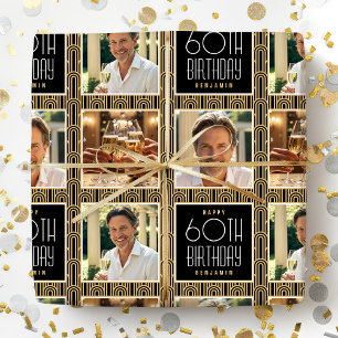 Art Deco Custom Age Photo Birthday Black Gold Chic Wrapping Paper