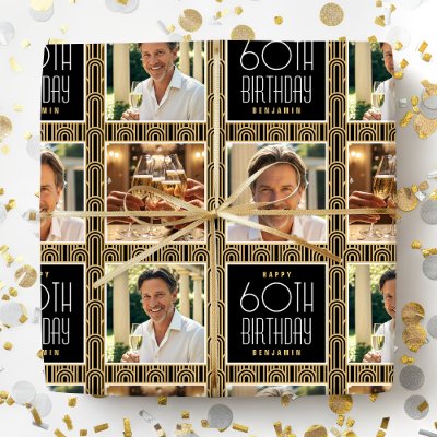 Art Deco Custom Age Photo Birthday Black Gold Chic Wrapping Paper