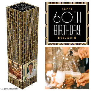 Art Deco Custom Age Photo Birthday Black Gold Gift Wine Box